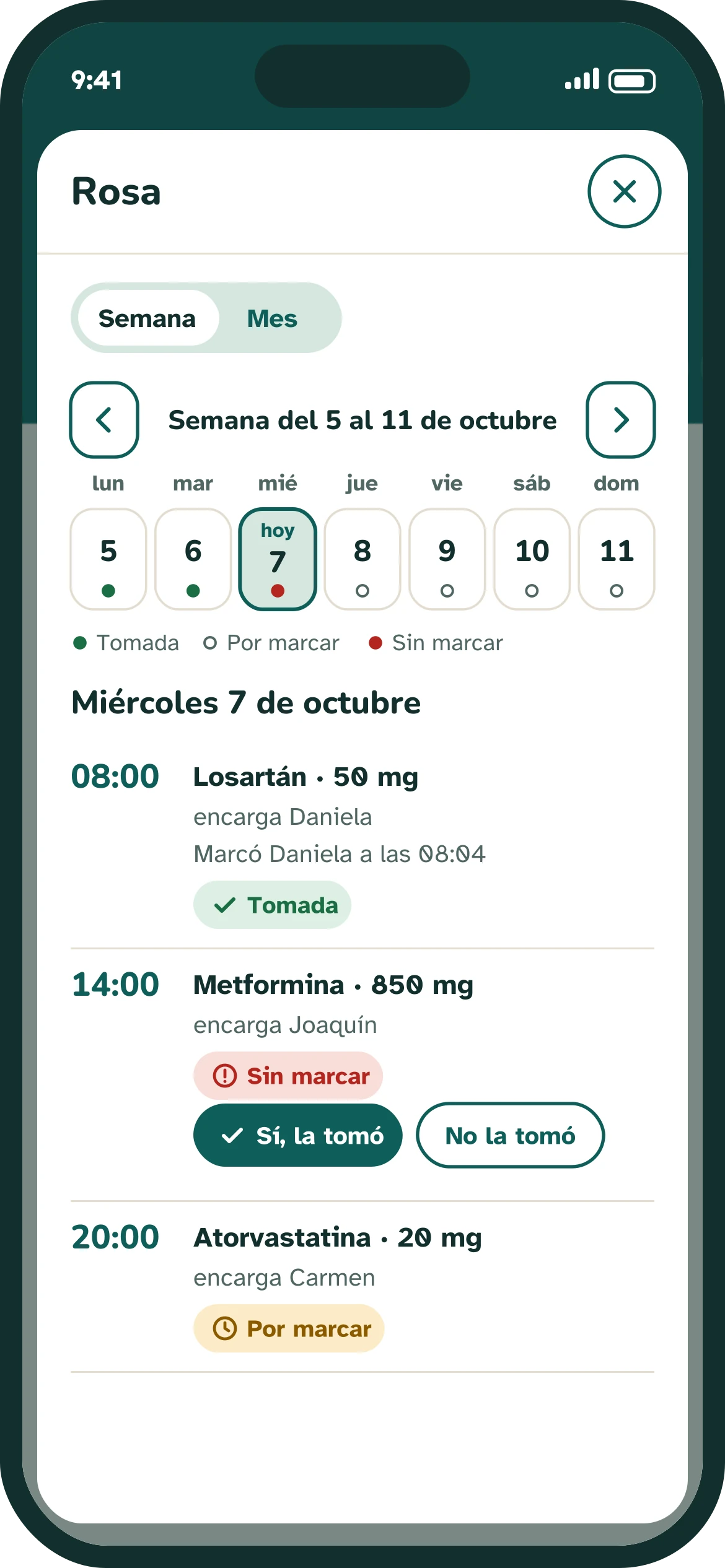 Pantalla de medicamentos de Rosa: semana con un punto por día, una toma tomada, una sin marcar con los botones Sí, la tomó y No la tomó, y una por marcar.