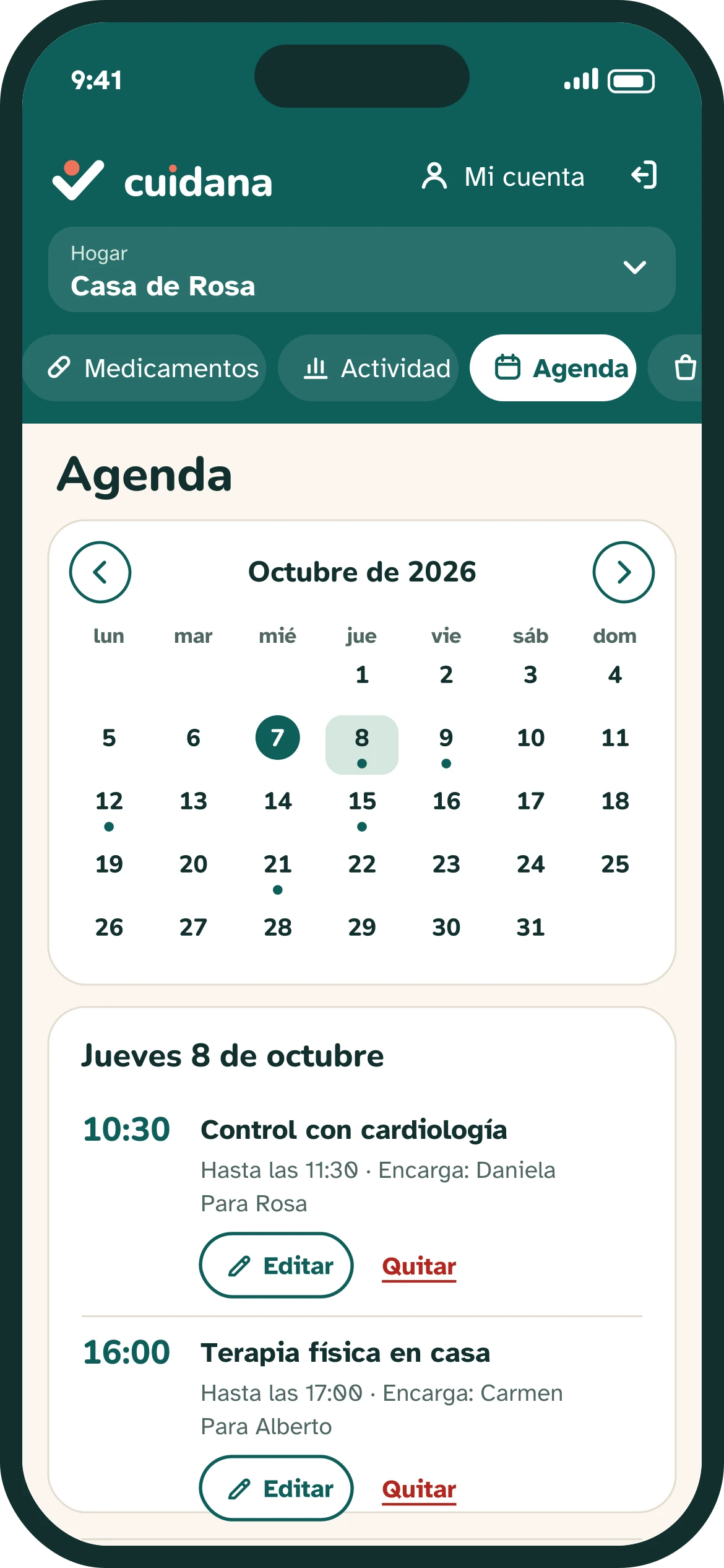 Pantalla de agenda: calendario de octubre y los eventos de un día, con su horario, quién se encarga y para quién.