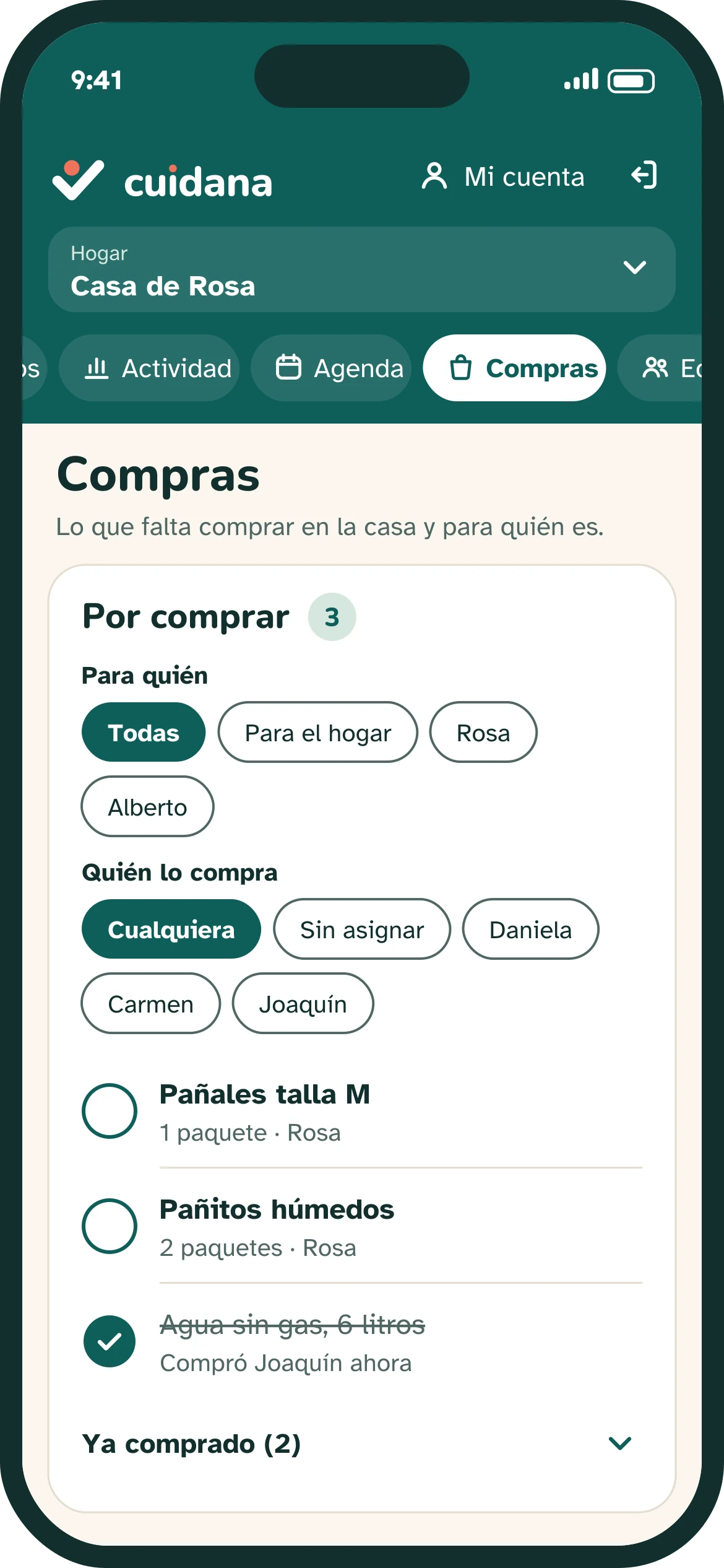 Pantalla de compras: filtros por persona y por quién compra, y la lista de lo que falta con un artículo ya comprado.
